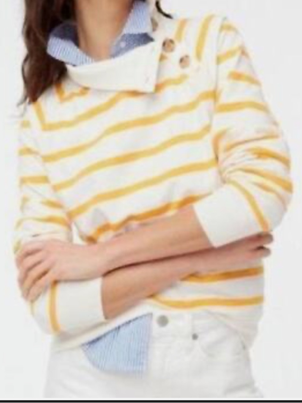 J. Crew Factory Yellow and White Striped Funnel Neck Sweater with Buttons